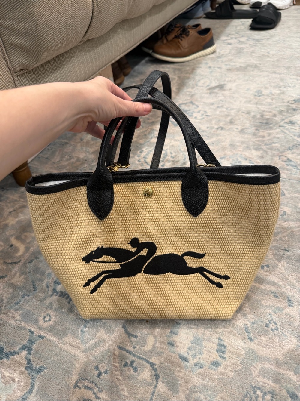 Longchamp Beige Woven Tote with Black Trim and Strap